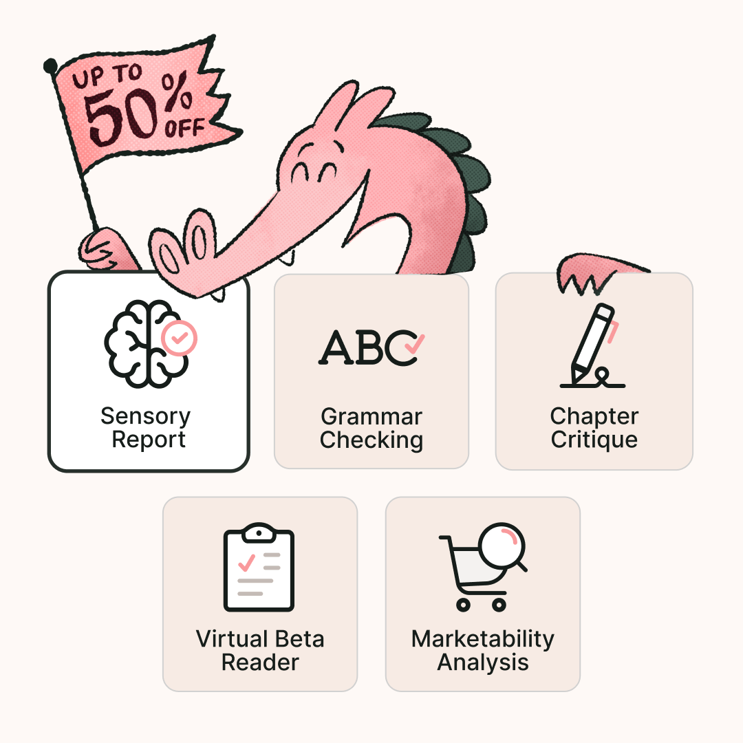 Illustration image of a dragon showing off core ProWritingAid features