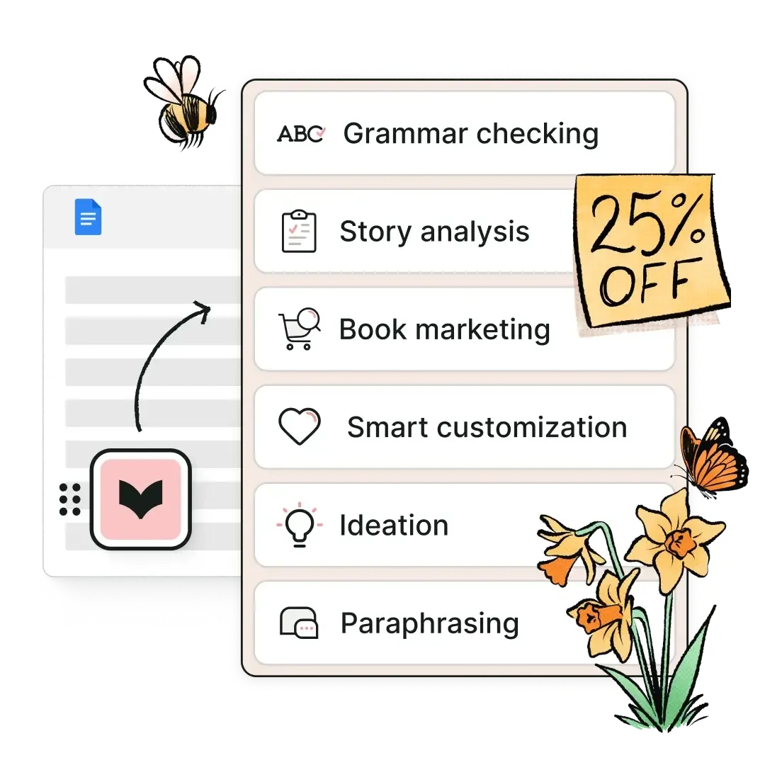 Illustration showing text editing features like grammar checking, story analysis, and book marketing with flowers and bees around it. A