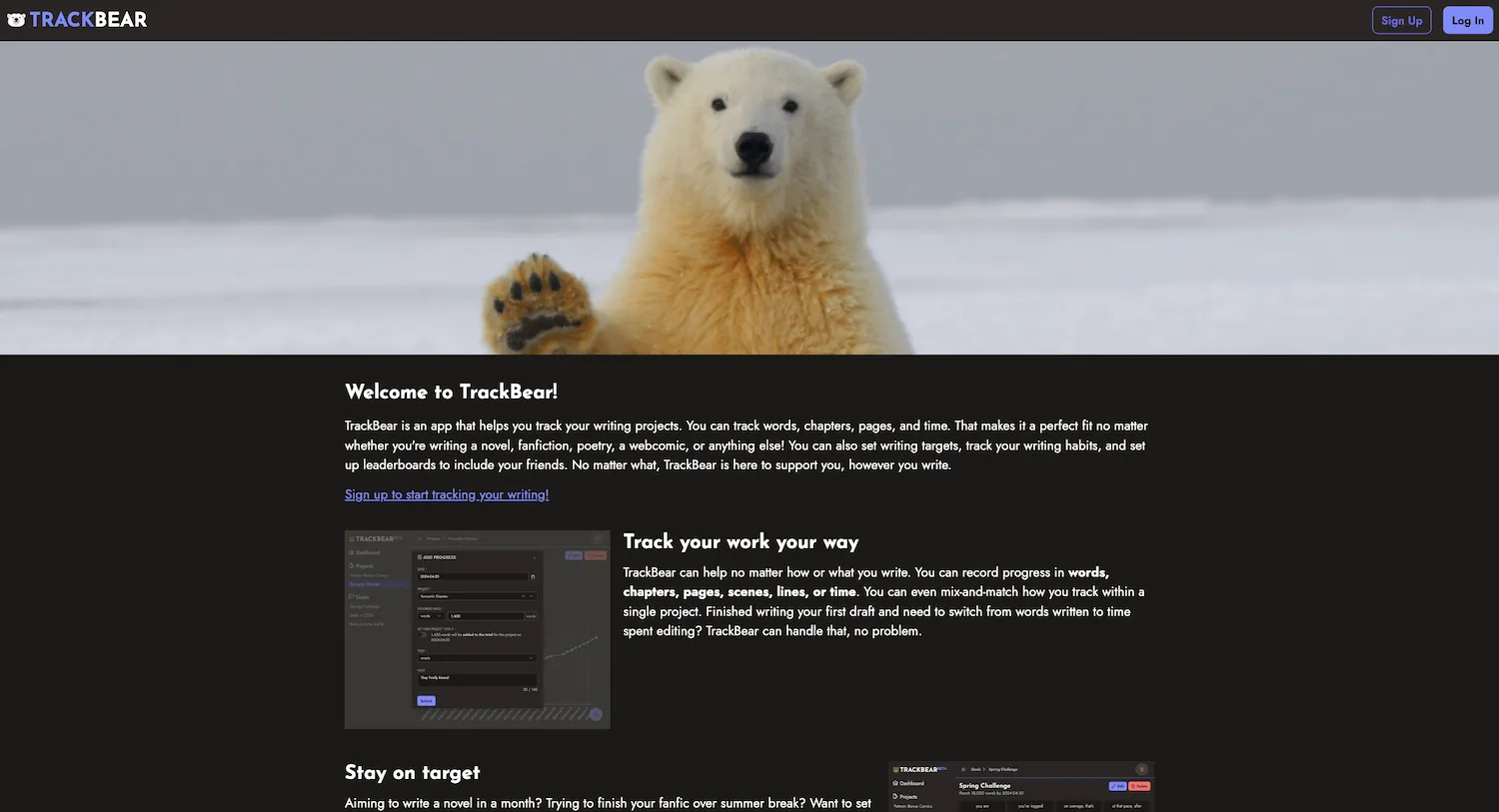 Screenshot of the homepage of Trackbear