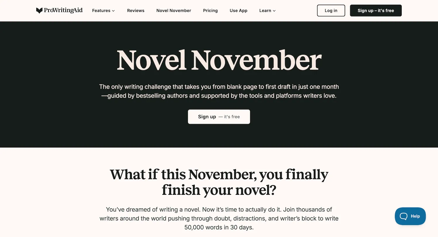 ProWritingAid Novel November landing page promoting a free writing challenge to finish a 50,000-word novel in 30 days.