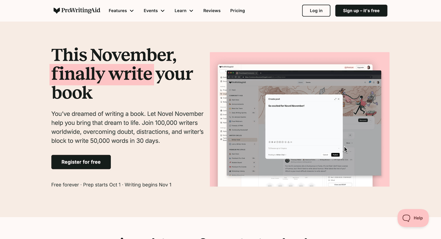 Promotional image for ProWritingAid's Novel November event, encouraging writers to register for free and write 50,000 words in 30 days.
