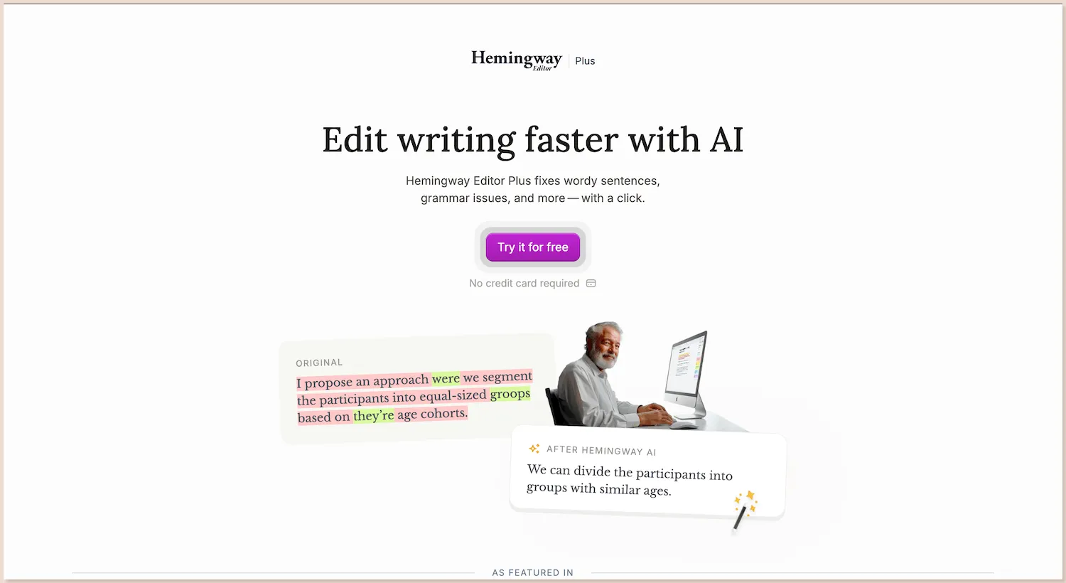 screenshot of hemingway editor plus landing page