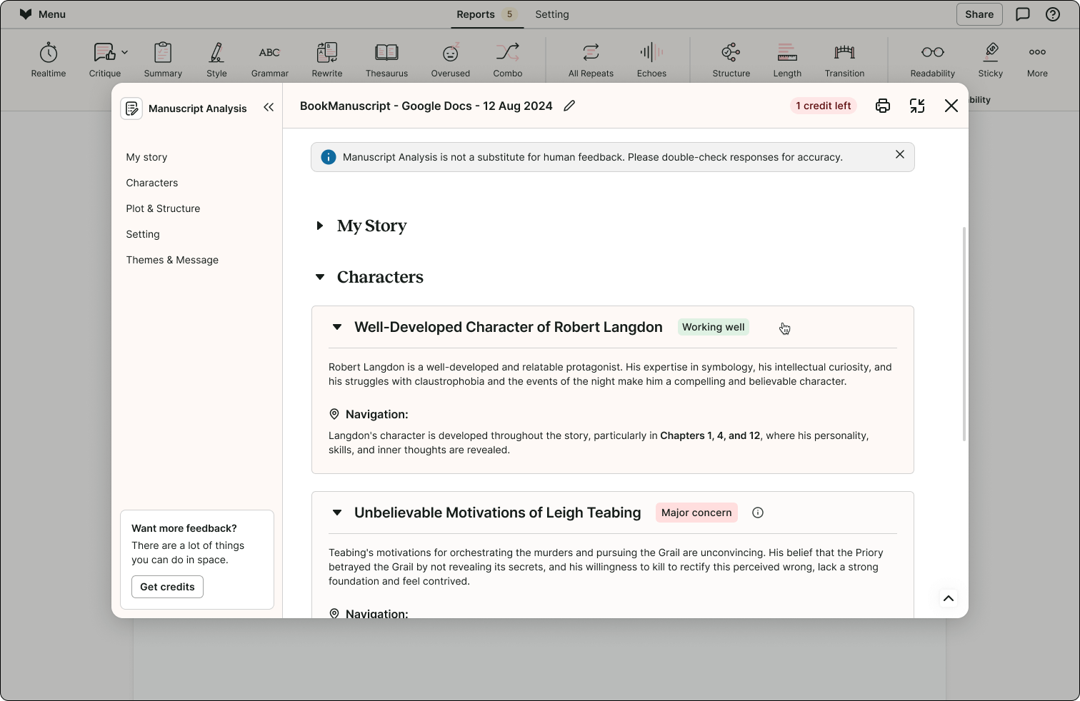 Screenshot of Manuscript Analysis