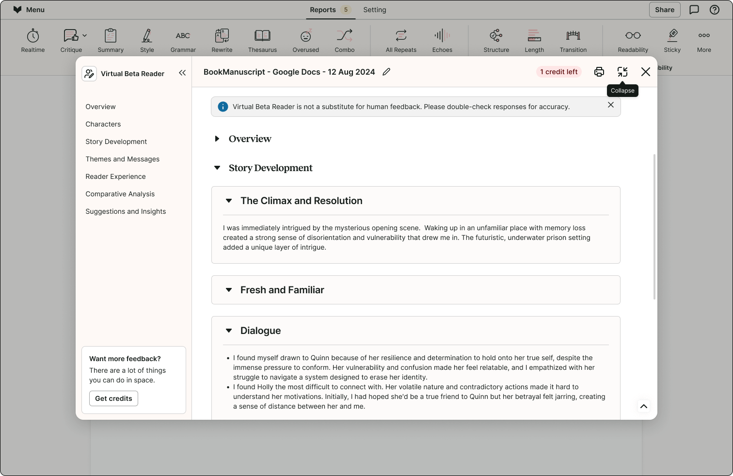 Screenshot of Virtual Beta Reader