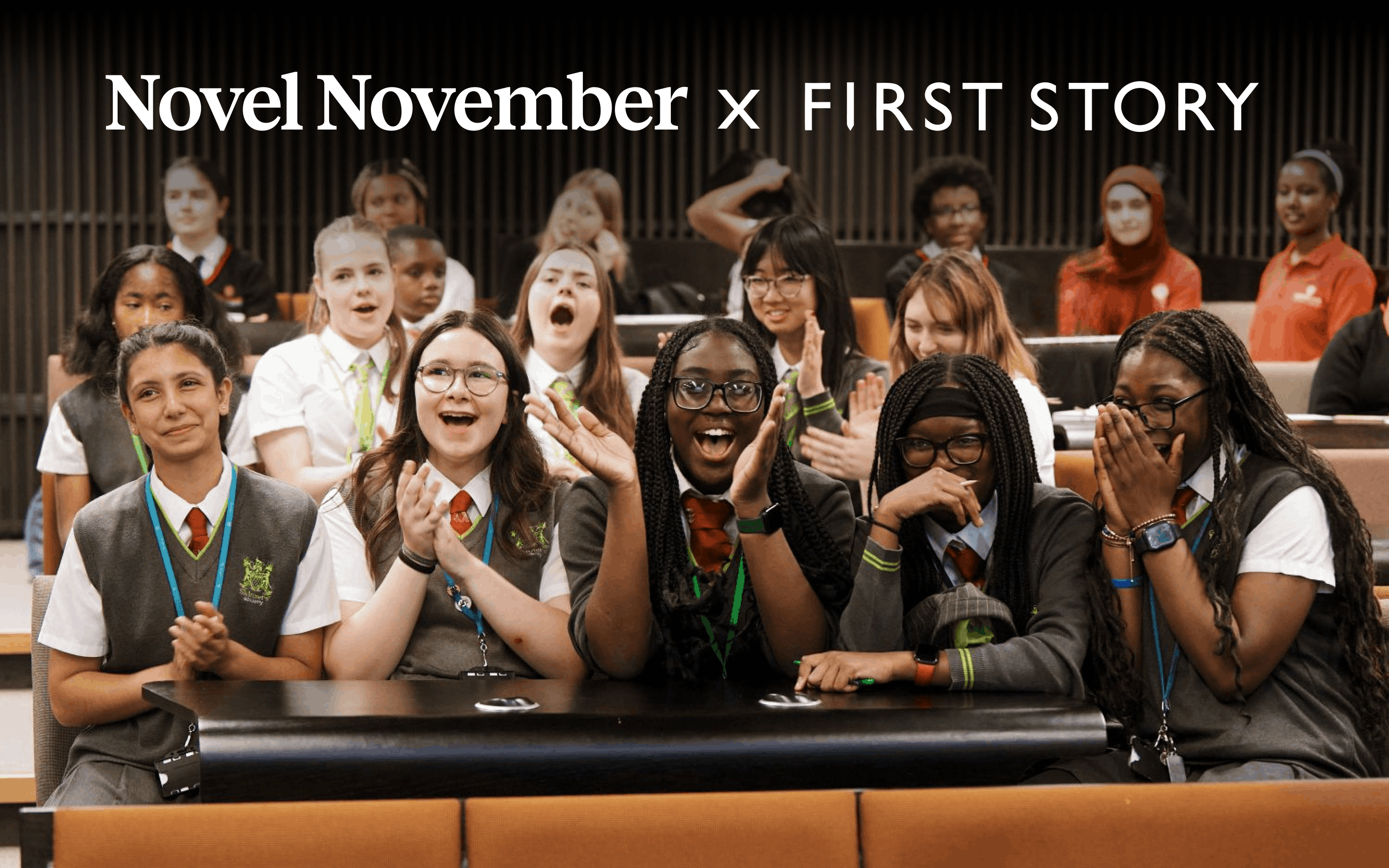 Happy students under the text Novel November x First Story