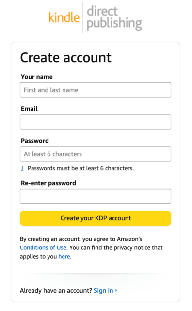 Amazon KDP signup form
