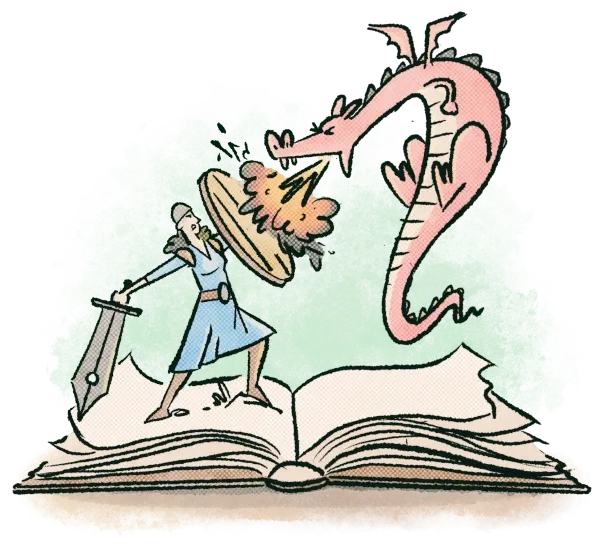 Bring your story to life image with knight and dragon coming out of a book
