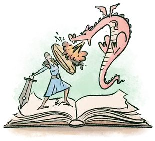 Bring your story to life image with knight and dragon coming out of a book