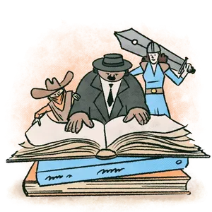 Illustration of three characters reviewing an open book