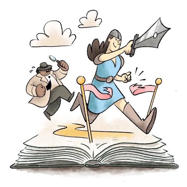 Image of an open book with characters running across a finish line