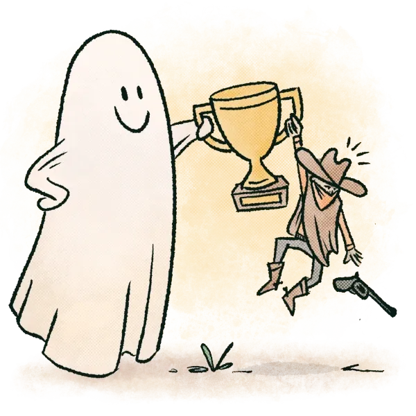 Illustration of characters celebrating with a trophy