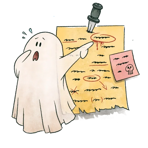 Illustration of a ghost teacher reviewing a document