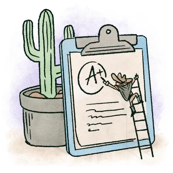 Illustration of character grading a paper with A+