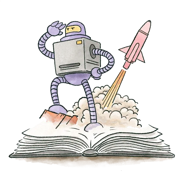 Image of a robot and rocket coming out of an open book