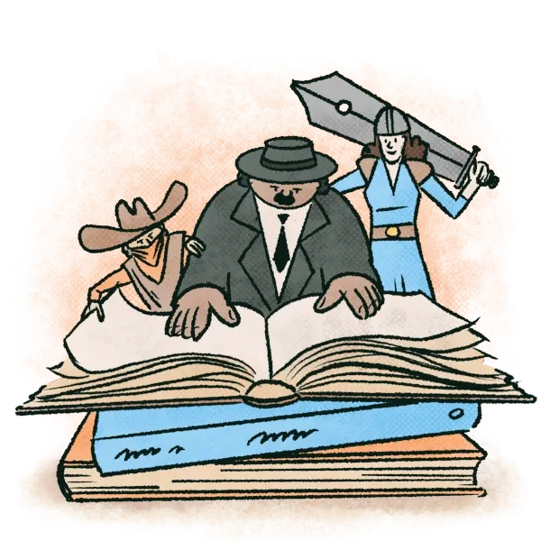 Illustration of three characters reviewing an open book