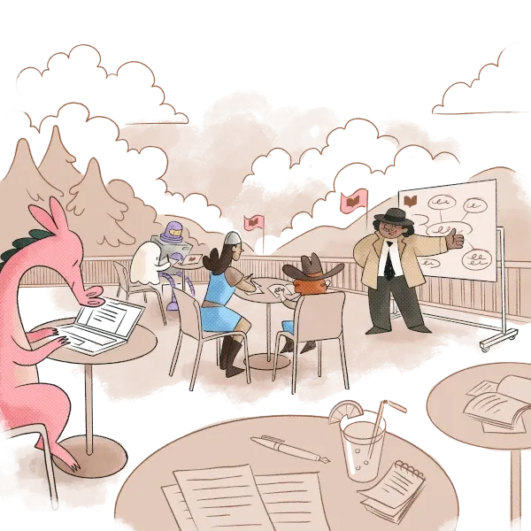 illustrated characters are attending an expert workshop, taking notes on their computers and by hand as they watch the detective at a white board