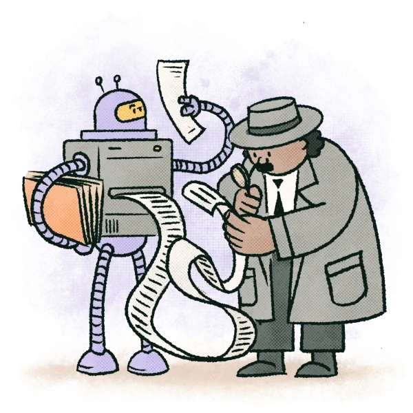 Illustration of robot and detective reviewing a long document