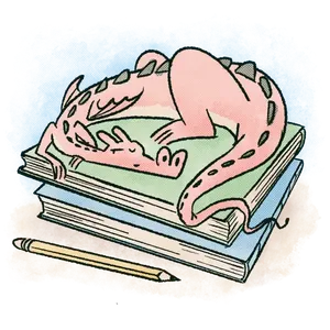 Illustration of a dragon protecting a stack of books