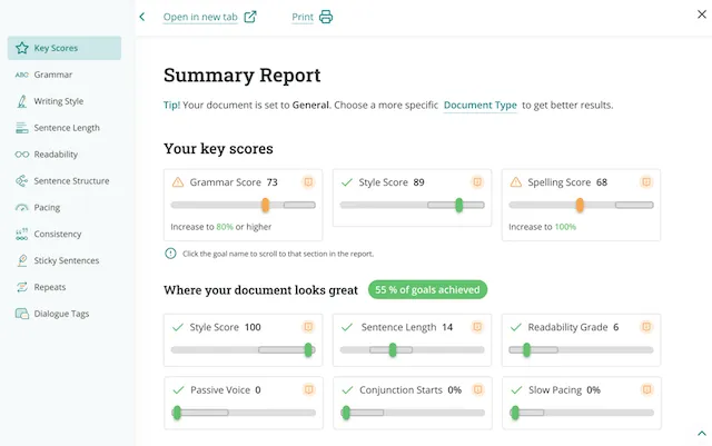Image showing ProWritingAid's summary report user interface