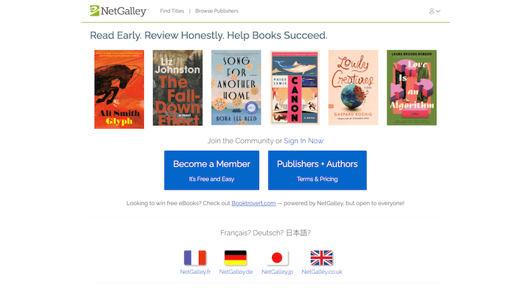 Screenshot of NetGalley homepage featuring a selection of book covers, membership options, and links for publishers and authors.