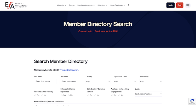 Member directory search page of the Editorial Freelancers Association website, featuring various search filters and options at the top.