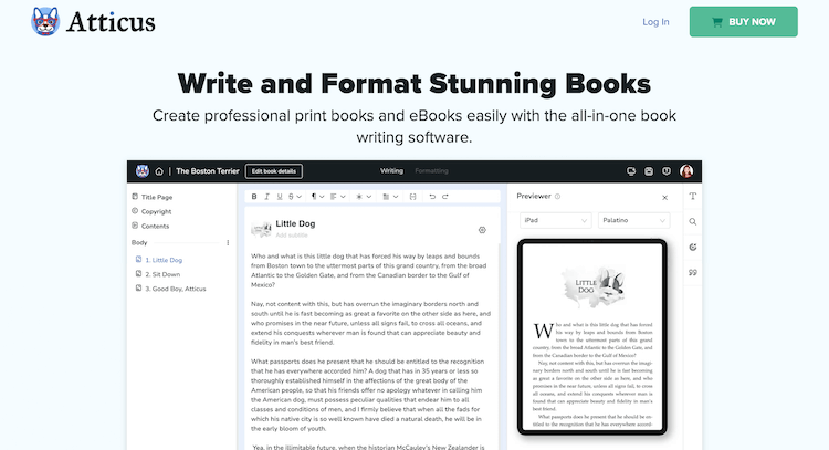 Screenshot of Atticus book writing software, featuring a manuscript editor on the left and a digital book preview on the right.