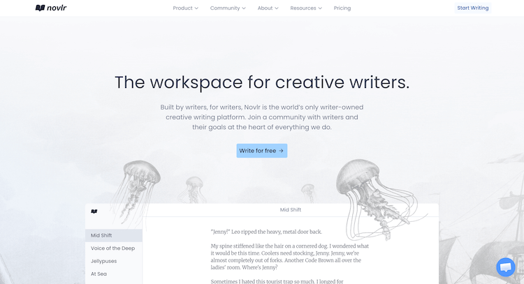 Website homepage for Novlr, a creative writing platform, featuring text over a backdrop with jellyfish illustrations and a