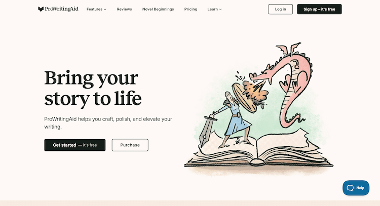 ProWritingAid homepage with illustration of a knight fighting a dragon emerging from a book. Text reads