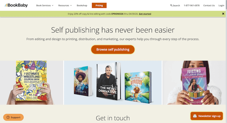 BookBaby website page for self-publishing services, featuring a banner with various book covers and a