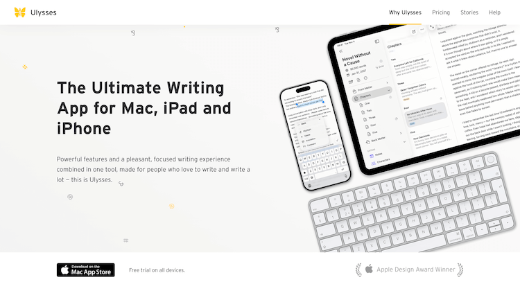 Promo for Ulysses writing app, featuring Mac, iPad, and iPhone screens with app interface, showcasing awards and download options.