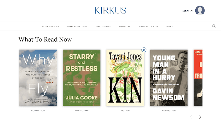 Kirkus homepage with