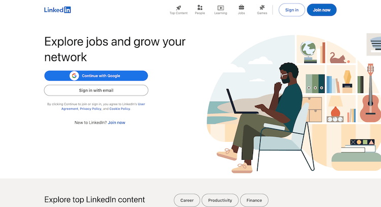 LinkedIn sign-in page with a person using a laptop. Options to continue with Google or email