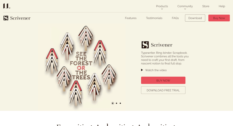 Website homepage for Scrivener, featuring tree-shaped graphics and the text