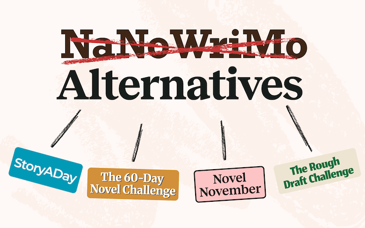 Text promoting NaNoWriMo alternatives with options: StoryADay, The 60-Day Novel Challenge, Novel November, and The Rough Draft Challenge.
