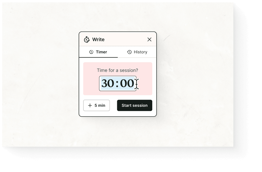 A timer interface with a 30-minute session set, featuring