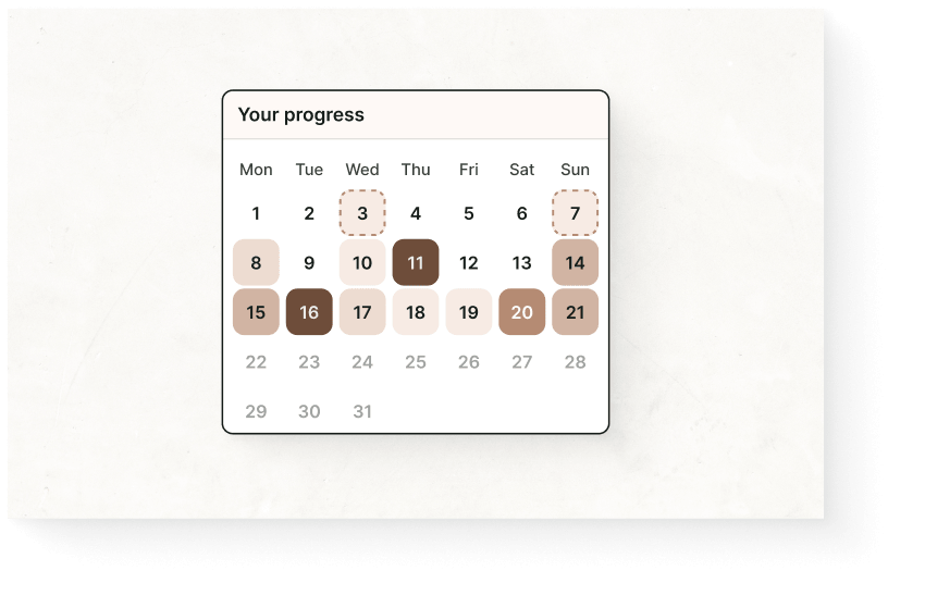 Calendar showing a progress tracker for a month, with varying shades indicating different days of activity from light to dark brown.