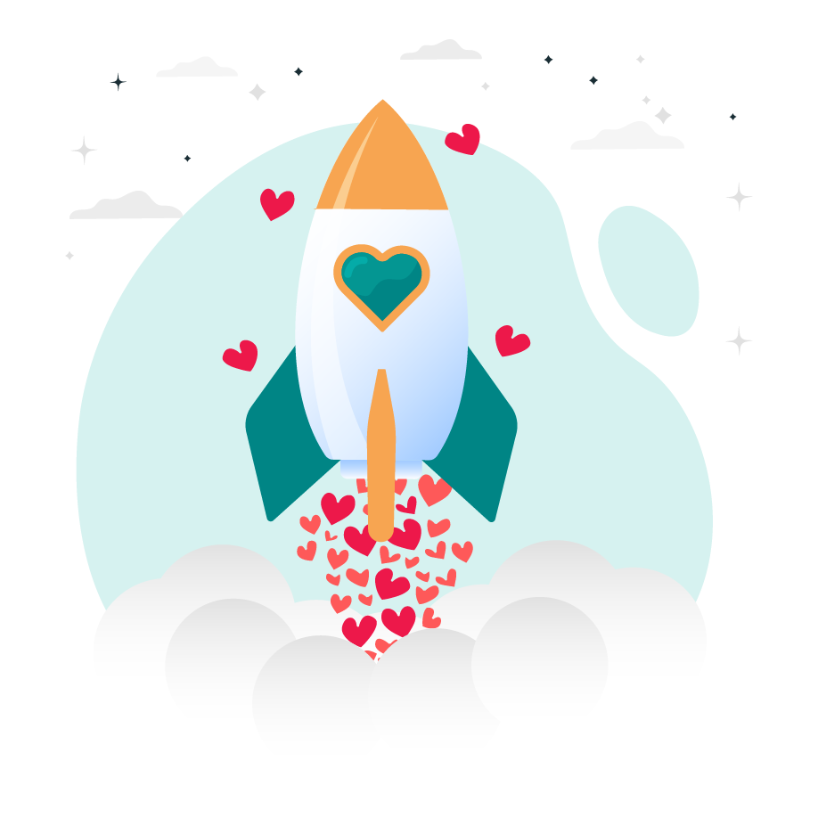 A rocket shoting into space with hearts coming out the back